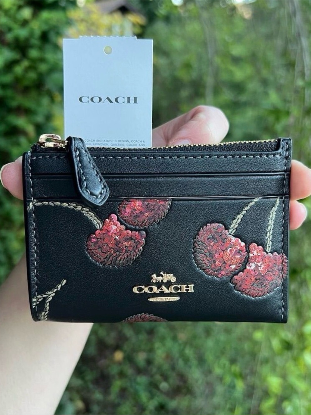 COACH Mini Skinny Id Case Leather Cardholder Wallet w Cherry Print NWT AUTHENTIC